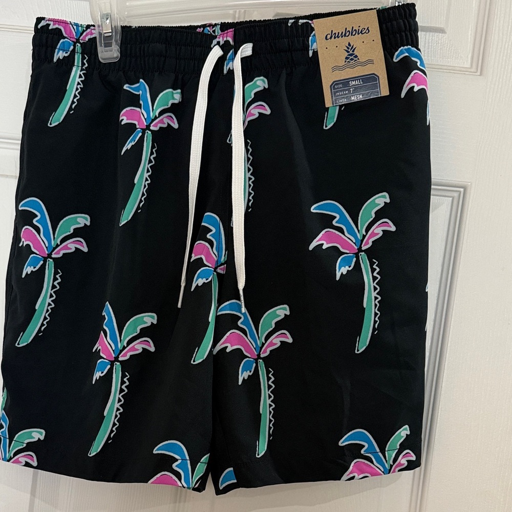 Chubbies Black Swim Trunks with Colorful Palm Trees